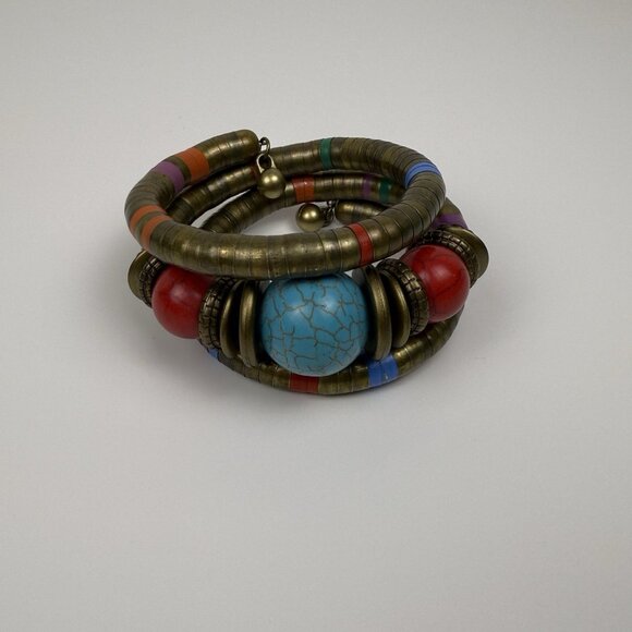 Vintage Boho Chunky Ethnic Multilayer Beaded Bangle Snake Bracelet Turquoise - Picture 1 of 2